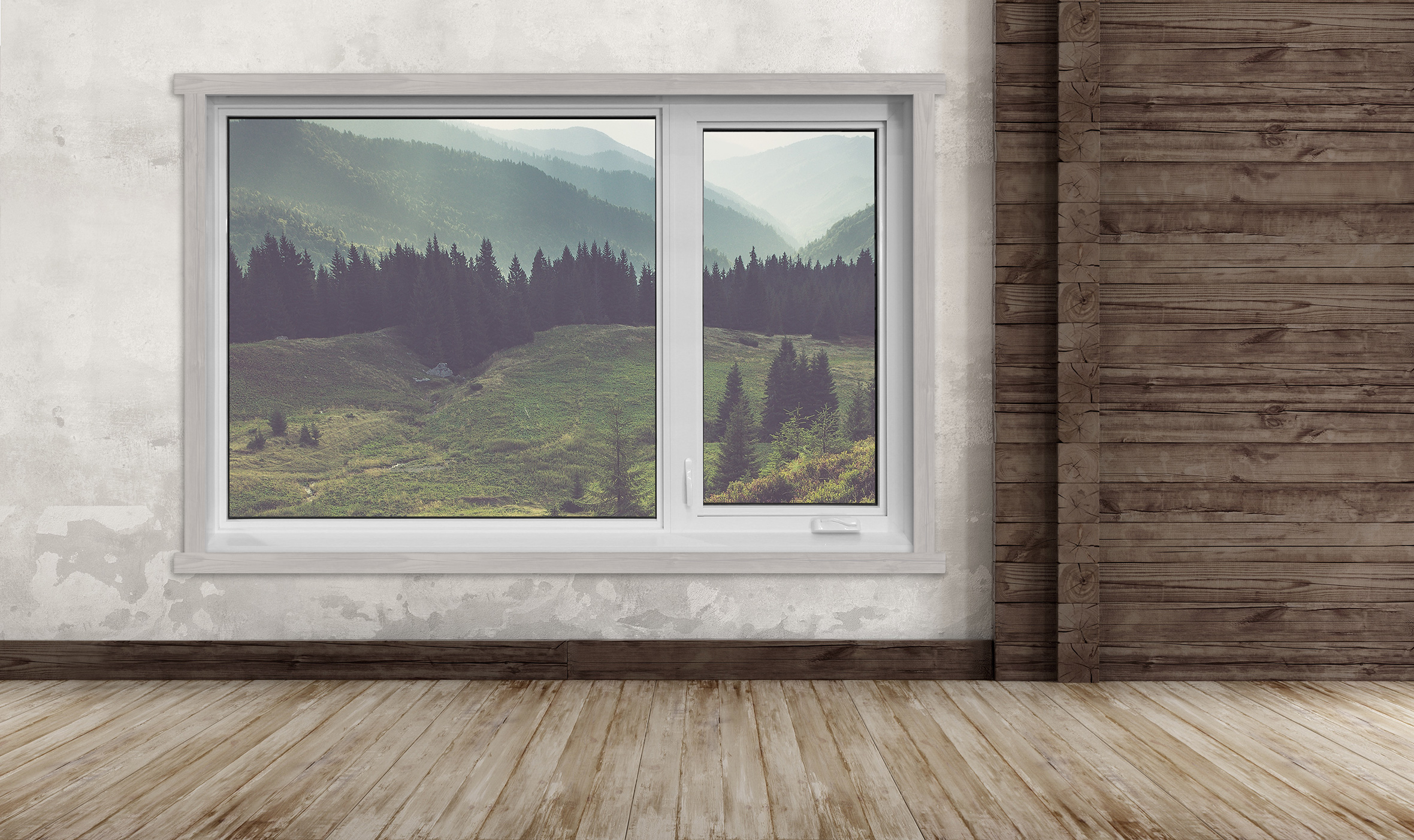 Terrano window in a rusting room, overlooking a mountain valley.